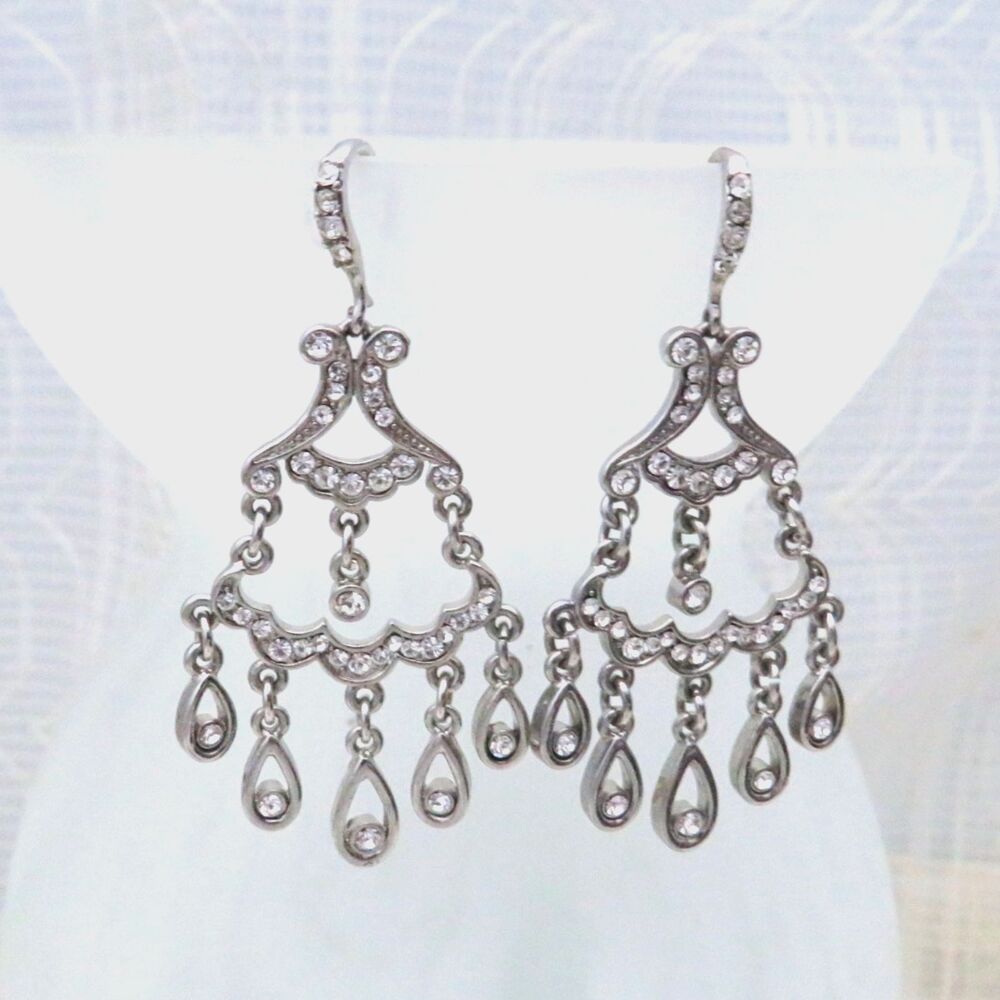 Rhinestone Dangle Earrings Chandelier Dressy Earrings Women Silvertoned Sparkly